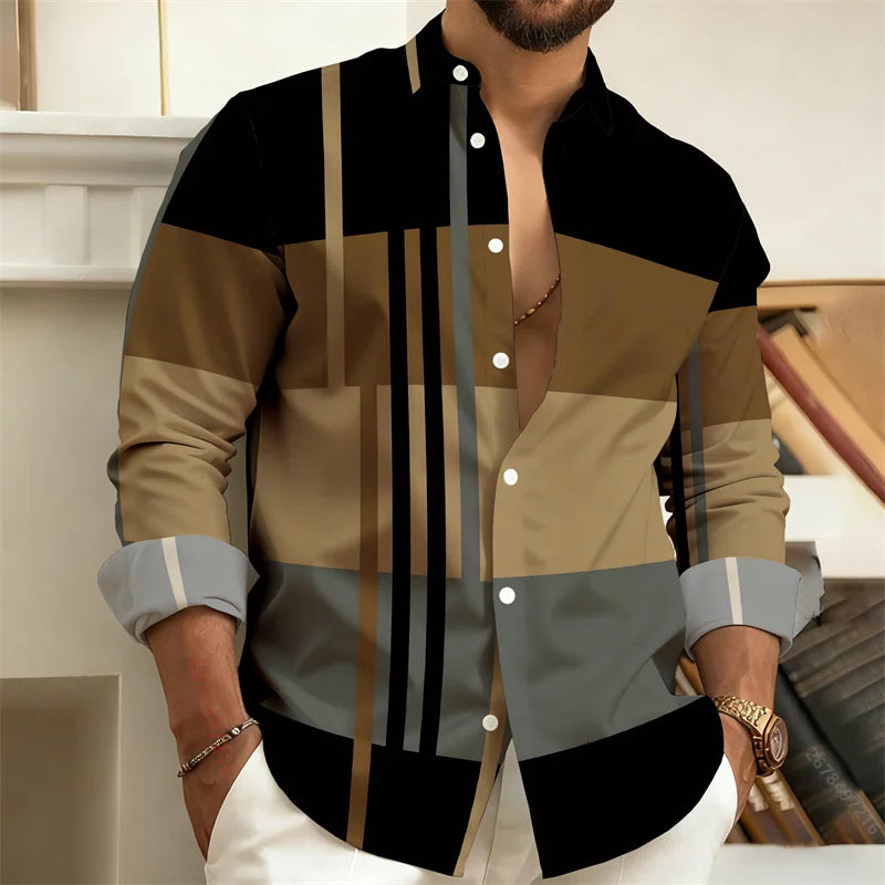 Chemise Homme à Rayures Color Block Manches Longues, Chemise Décontractée Business Style Rétro, Haut Tendance Homme Coupe Slim, Tailles S-6XL