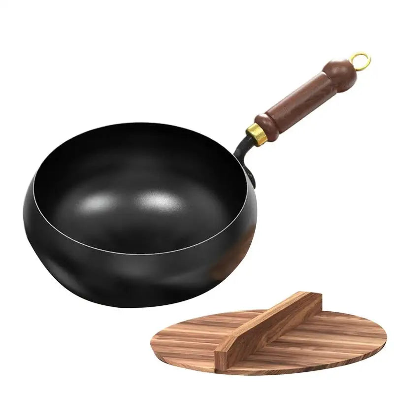 Großer Antihaft-Wok, chinesische Pfanne mit flachem Boden, unbeschichtet, tiefer Eisentopf mit Holzdeckel, 24 cm Durchmesser, Bratpfanne