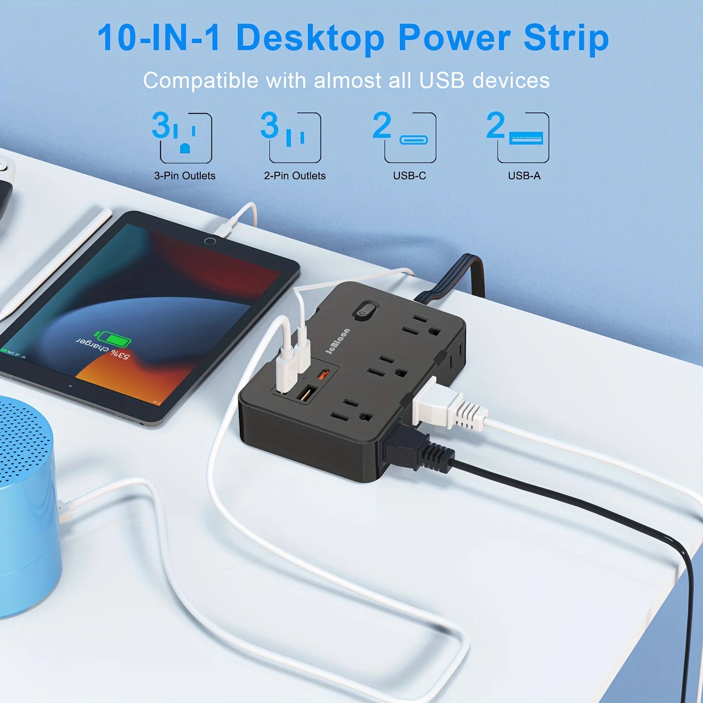 Ultraflaches Flachstecker-Verlängerungskabel mit 4 USB-Anschlüssen (2 USB C), 1,5 m Überspannungsschutz-Steckdosenleiste, 6 weit auseinander liegende Steckdosen