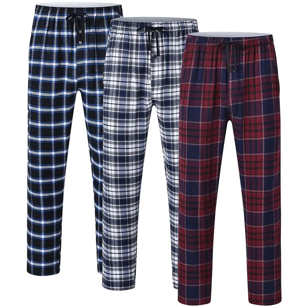 Pyjama Homme 3 Pièces Coton Carreaux, Pantalon de Pyjama Long Carreaux avec Taille Élastique pour Homme