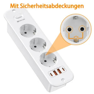 EU-Steckdosenleiste für den Schreibtisch, 3/4-fach + 4 USB-Smart-Schnellladeports, Hauptschalter, 2 Meter Feder-Verlängerungskabel