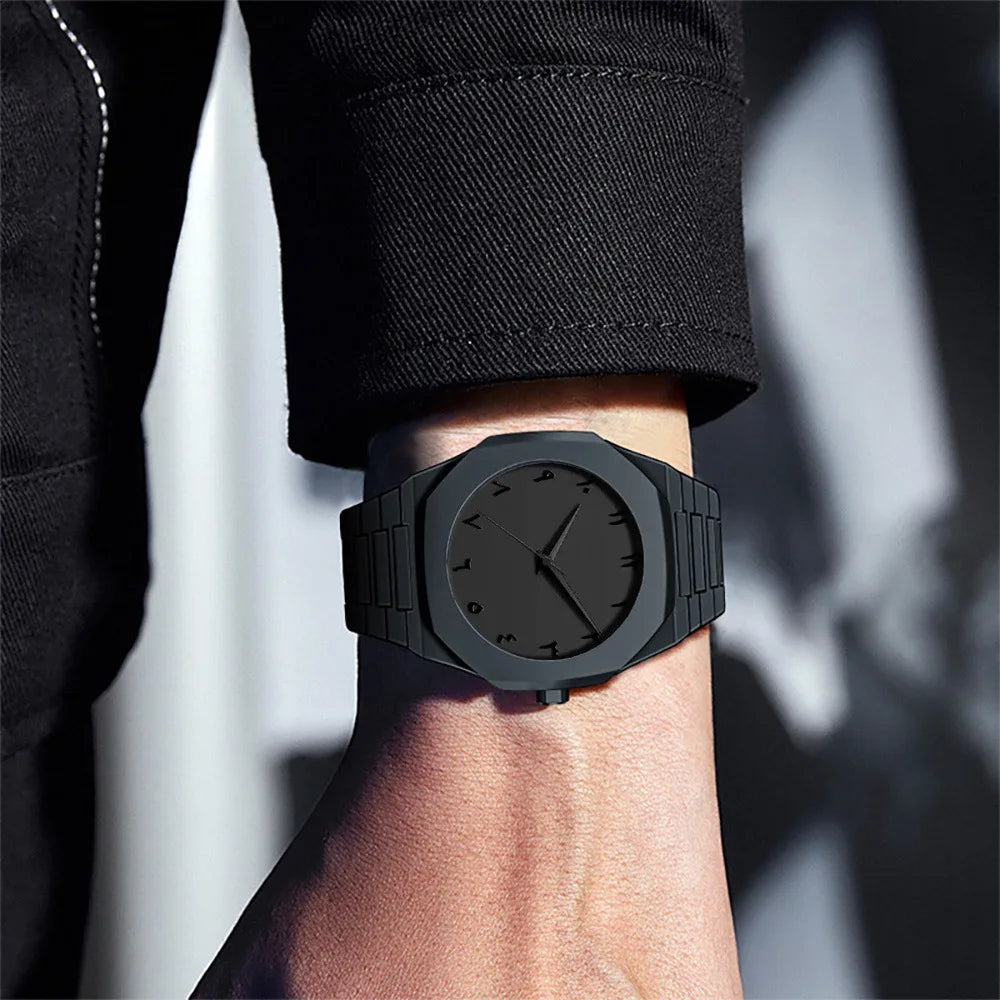 Nouvelle Montre Homme Tendance Simple Noire Montres Quartz Homme Chiffres Arabes Bracelet Casual Goutte d'Huile