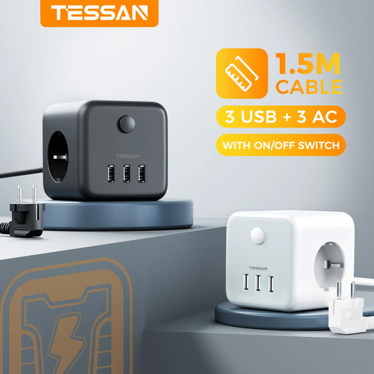 TESSAN Würfel-Tischsteckdosenleiste mit 3 Steckdosen 3 USB-Anschlüssen 1,5M Verlängerungskabel EU KR Stecker Teesteckdosenadapter mit Schalter