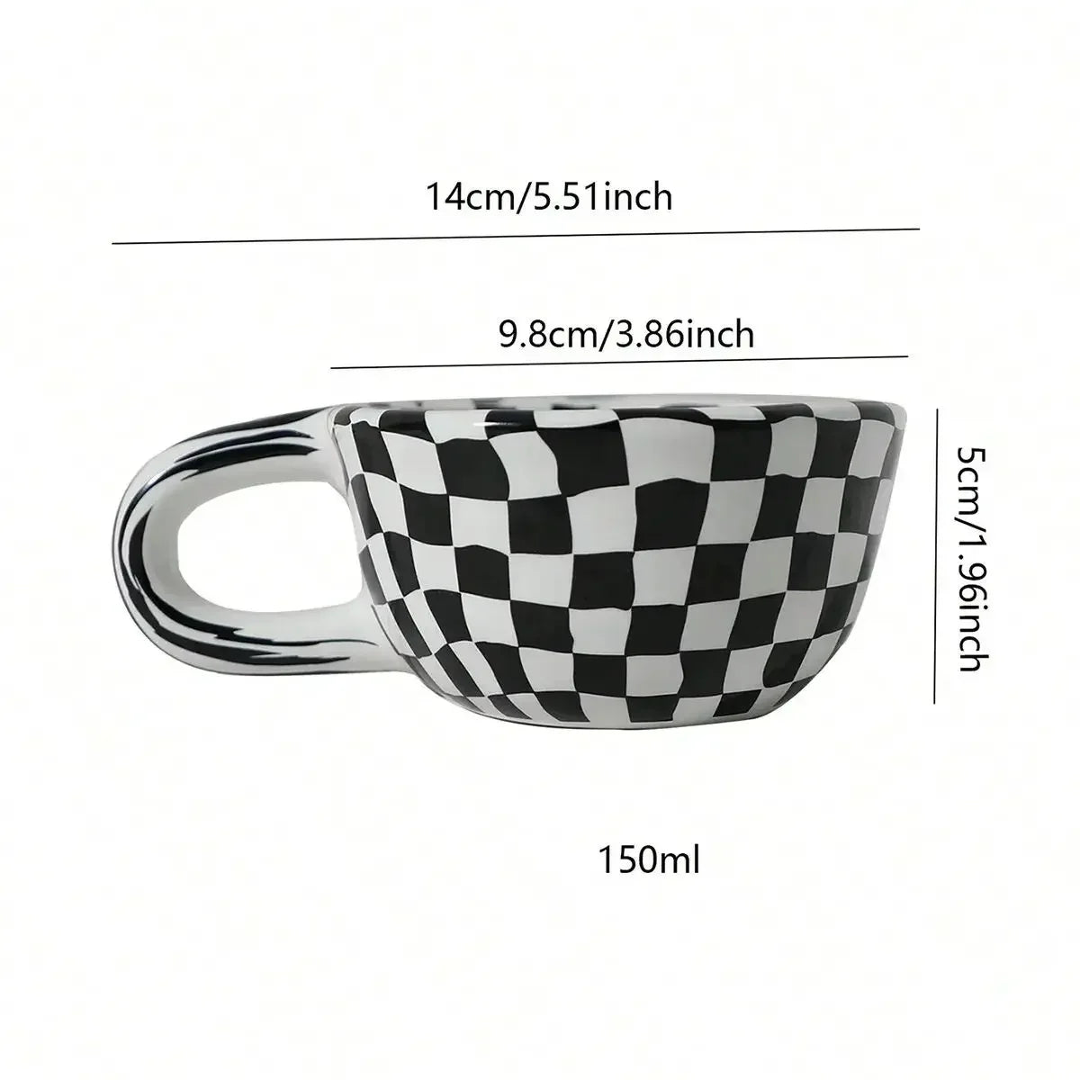 1x kreative Teetasse mit Schachbrettmuster aus Keramik, unregelmäßige Schachbrett-Kaffeetasse