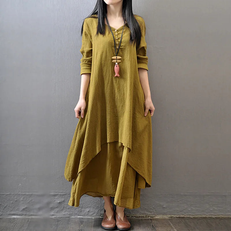 Damen Elegante Leinen-Ingwerkleider Böhmen Layering Vintage Robe Langarm Lockeres langes Kleid Weibliche Herbst Vestidos