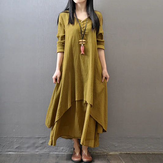Women Elegant Linen Ginger Dresses Bohemia Layering Vintage Robe Long Sleeve Loose Long Dress Female Autumn Vestidos