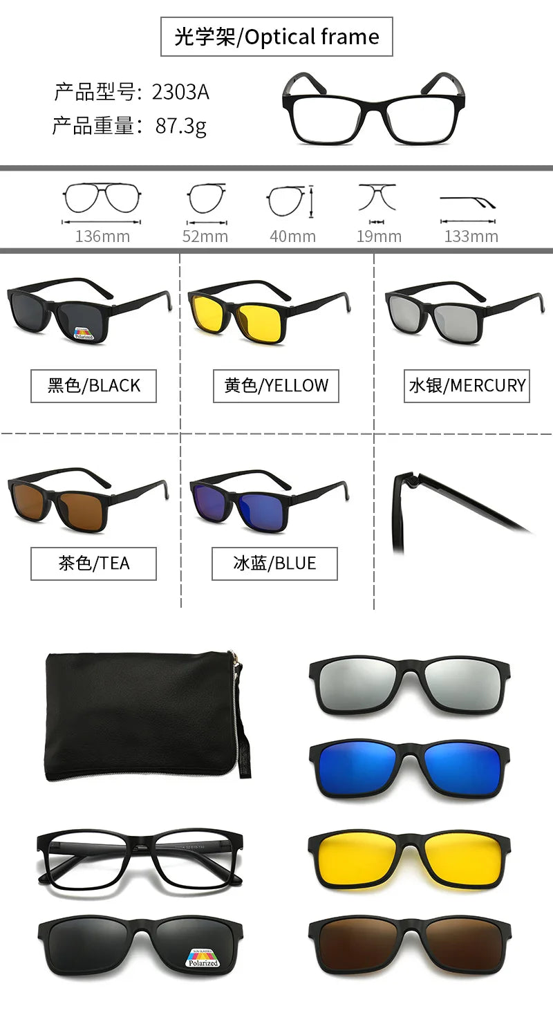 6 In 1 Polarized Sunglasses Men Women Magnetic Clip On Glasses TR90 Optical Prescription Eyeglass Frames Magnet Clips