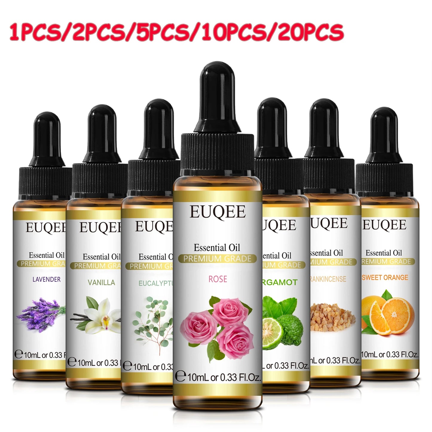 EUQEE Huile essentielle pure de 10 ml avec compte-gouttes Bergamote Rose Cannelle Lavande Jasmin Eucalyptus Vanille Set d'huiles essentielles aromatiques