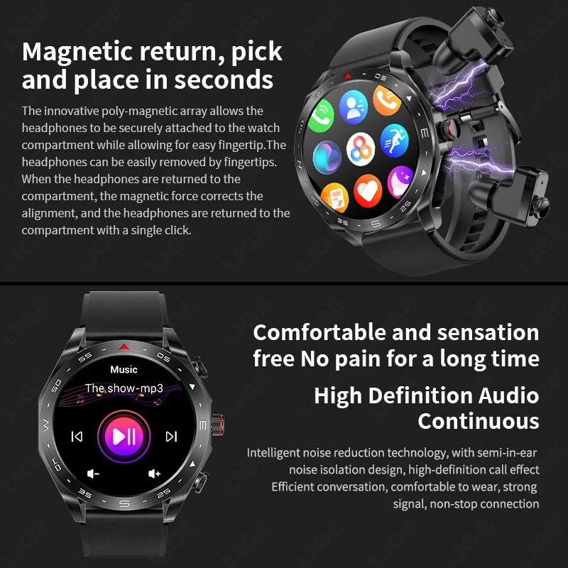 LIGE Avec écouteurs Bluetooth Casque Smartwatch Femme Moniteur d'activité Montre de sport Homme Étanche Montre intelligente Écran AMOLED
