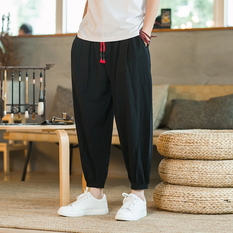 Pantalon Sarouel Homme Coton et Lin Décontracté Ample Grande Taille Pantalon de Plage Style Chinois Large Joggers Homme Été