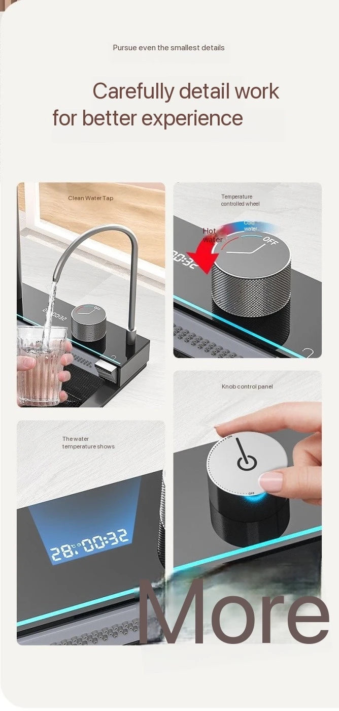 Integrated Waterfall Kitchen Sink Honeycomb Technology Large Digitial Display Stainless Steel Soap Dispenser Cup Washer