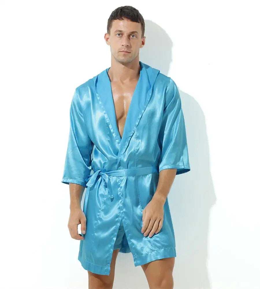 Sexy Nachtwäsche Herren Bademäntel Weich Seidig Kurzarm-Nachthemd Herren Hauskleidung Morgenmantel Herren Schlafanzug (Ohne Shorts)