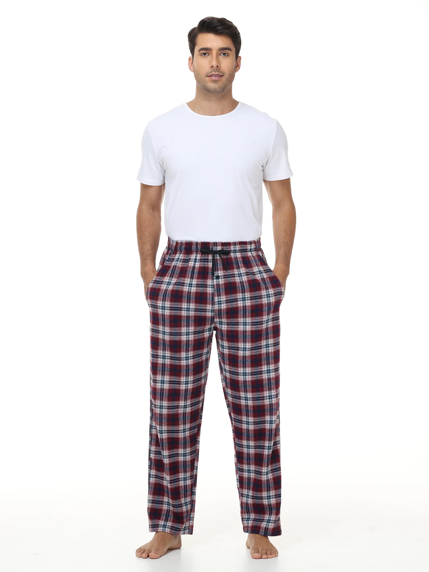 Pyjama Homme 3 Pièces Coton Carreaux, Pantalon de Pyjama Long Carreaux avec Taille Élastique pour Homme
