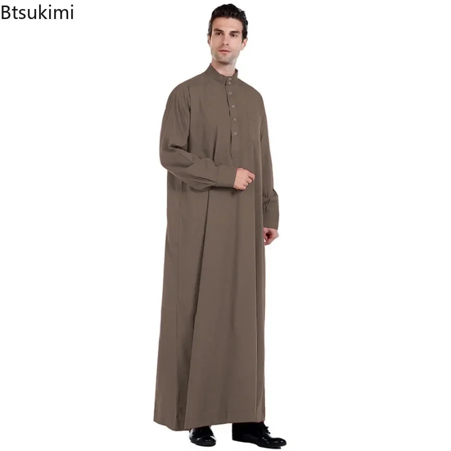 2026 Muslim Clothing Men Jubba Thobe Solid Long Sleeve Kaftan Stand Collar Casual Robe Moroccan Dishdasha Thawb Islamic Clothing