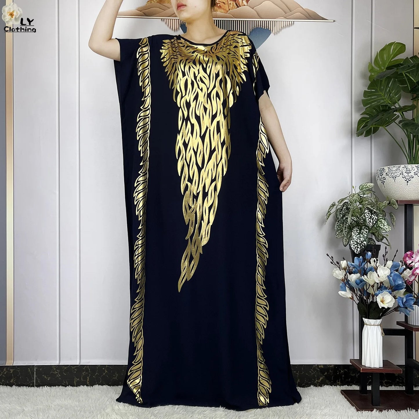 Neues Sommer-Kurzarm-Kleid aus Baumwolle für Damen mit großem Schal Goldprägung Boubou Maxi Islam Damen Afrikanische Abaya Kleidung