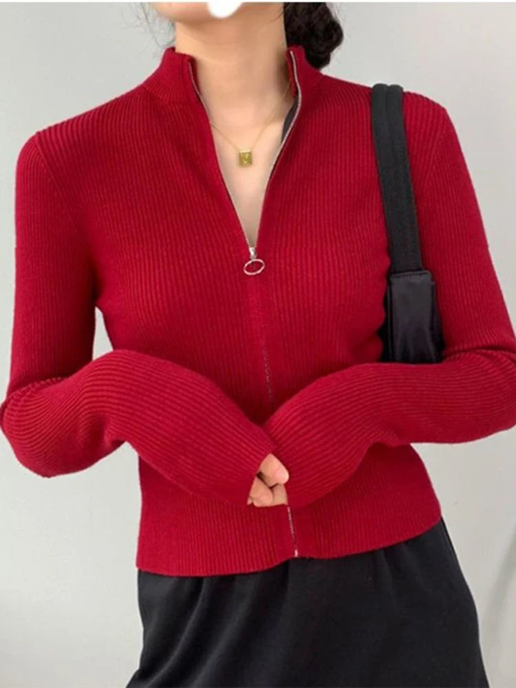 Frühling Herbst Reißverschluss Cardigan Damen Pullover Gestrickt Langarm Stehkragen Oberteile Koreanische Mode Kurzer Pullover für Damen