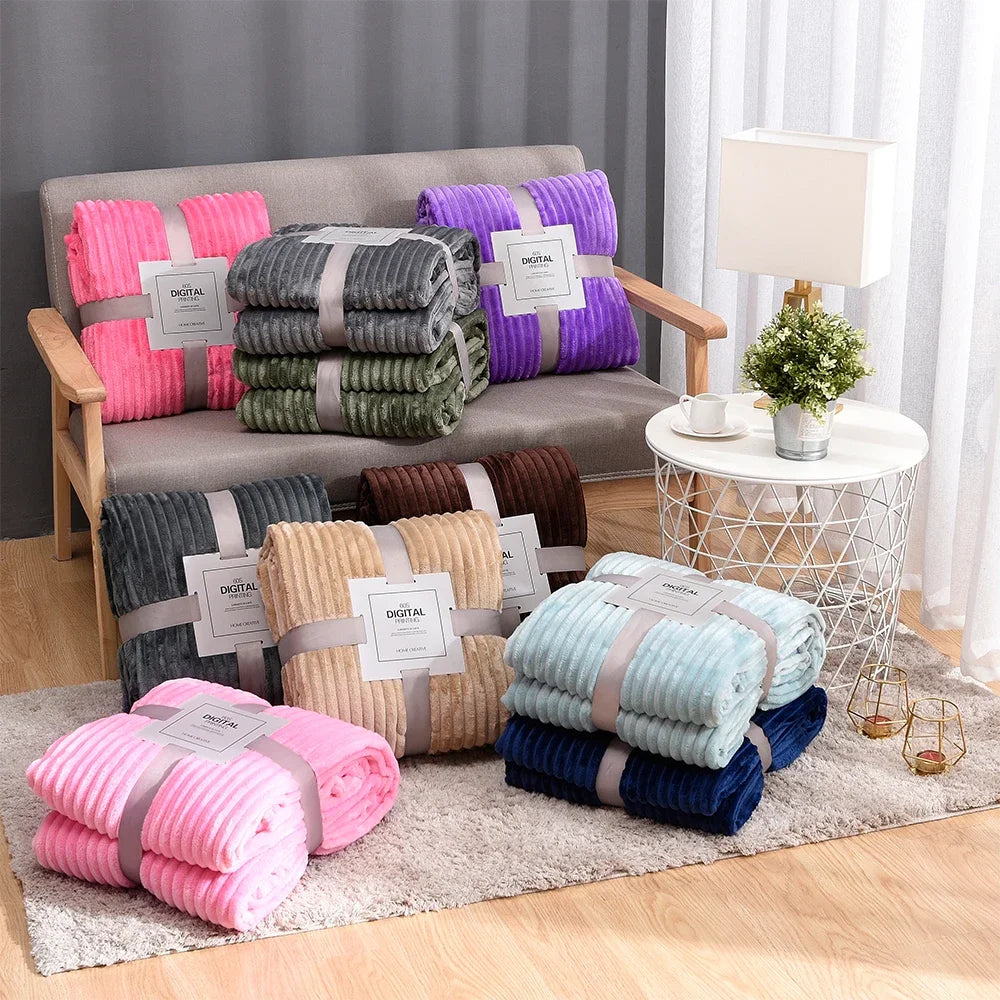 Couvertures en flanelle rayées pour lits, couleur rose bleu uni, douce, chaude, vison, jeté de canapé, couvre-lit, plage, couvertures de voyage en avion