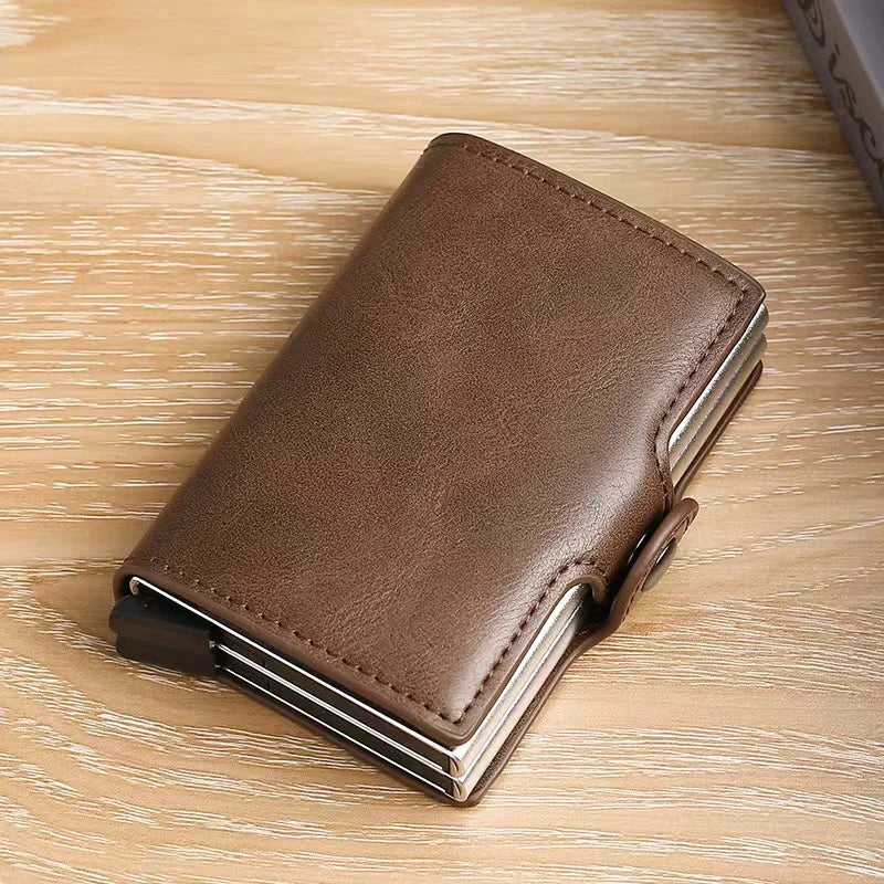 RFIDShieldPULather Automatic Pop-up Card Clamp,Double Aluminum Alloy Credit Card Wallet,With More than One Card Slots
