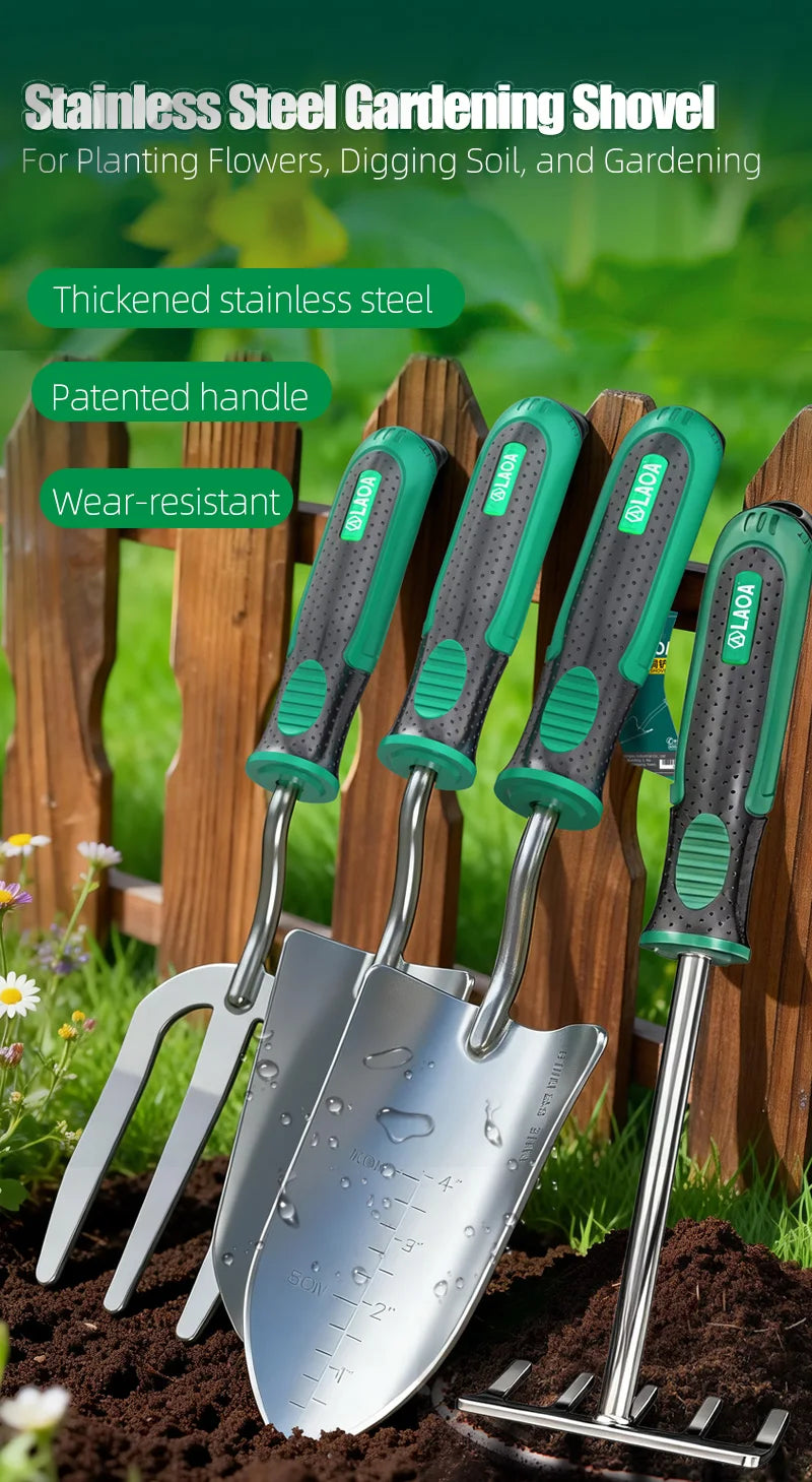 LAOA Multi-Function Garden Tools Collection, Planting Shovel, Soil Rake, Weeding Fork, All-in-One Garden Care Set