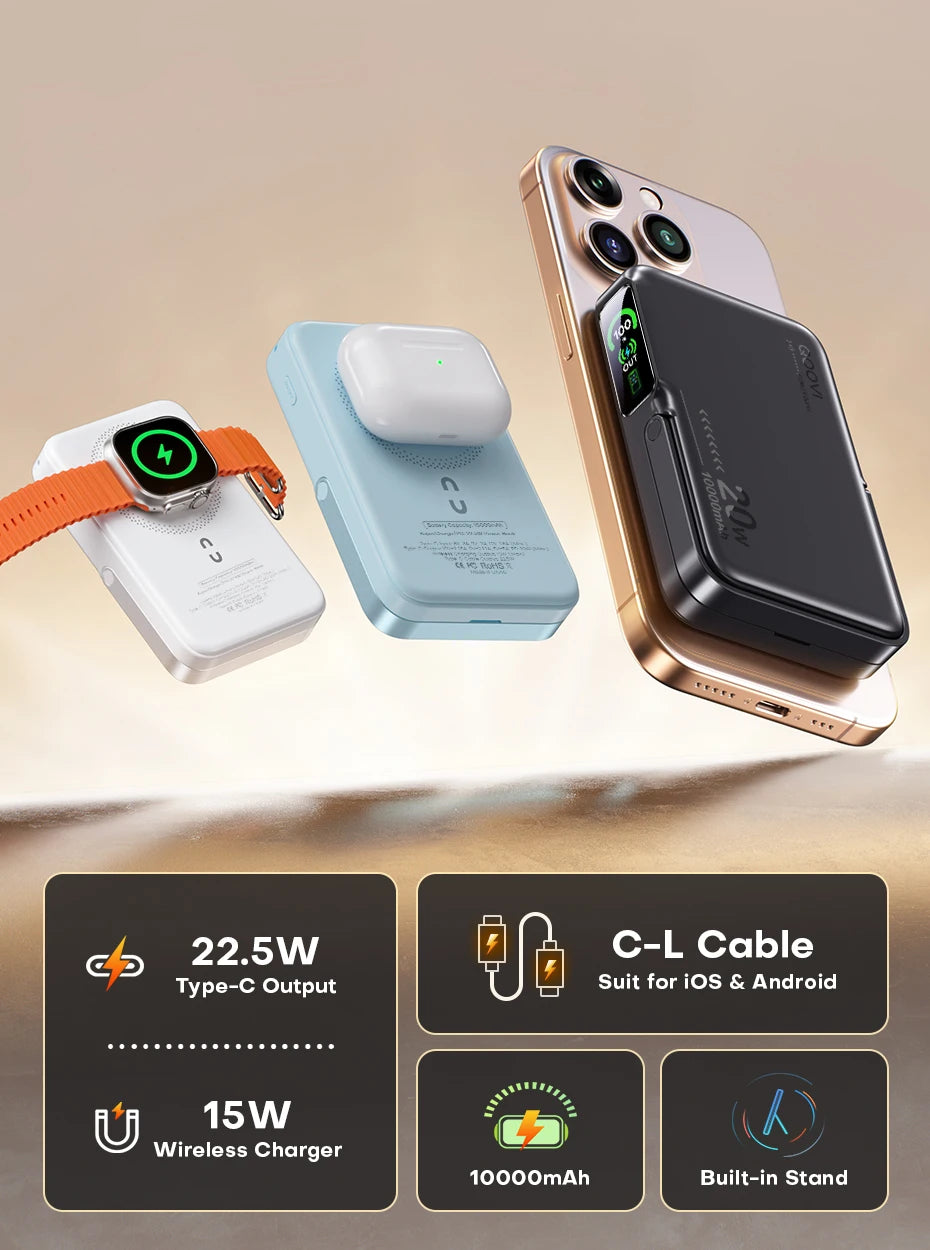 Batterie externe QOOVI Qi2 10000 mAh sans fil PD20W, charge rapide, chargeur portable pour iPhone, Samsung, iWatch, Airpod