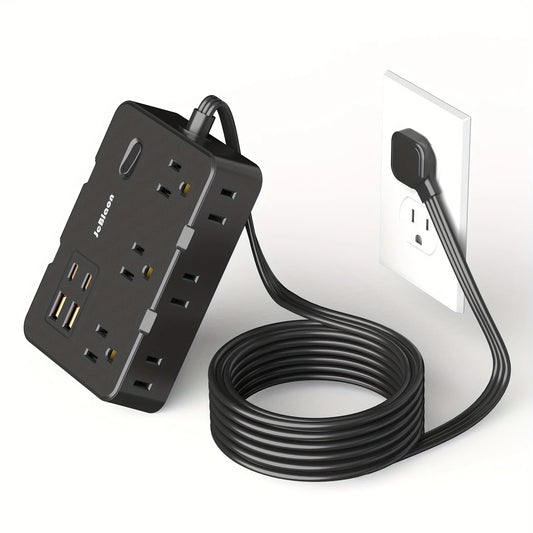 Ultraflaches Flachstecker-Verlängerungskabel mit 4 USB-Anschlüssen (2 USB C), 1,5 m Überspannungsschutz-Steckdosenleiste, 6 weit auseinander liegende Steckdosen