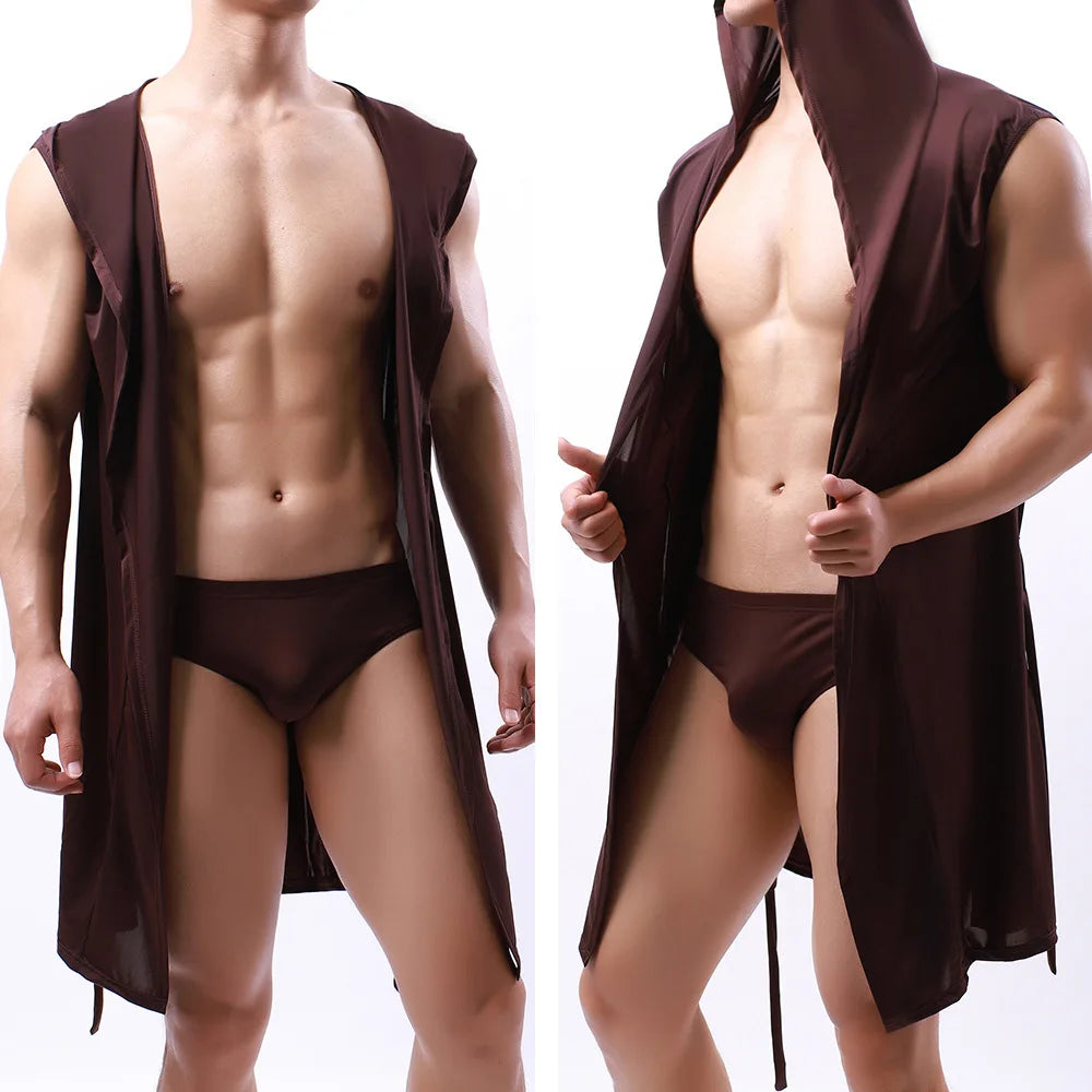 Sexy Nachtwäsche Herren Bademäntel Weich Seidig Ärmelloses Nachthemd Herren Homewear Morgenmantel Herren Pyjamas (Keine Shorts)