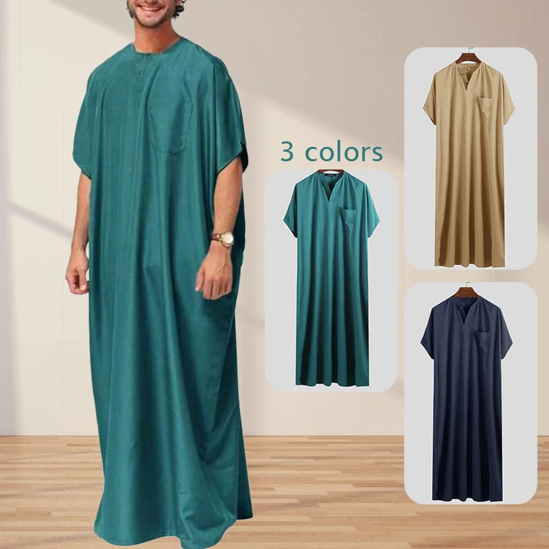Robe musulmane à manches courtes pour hommes, caftan, vêtements musulmans amples décontractés, vêtements islamiques arabes d'été, caftan, pays du Moyen-Orient