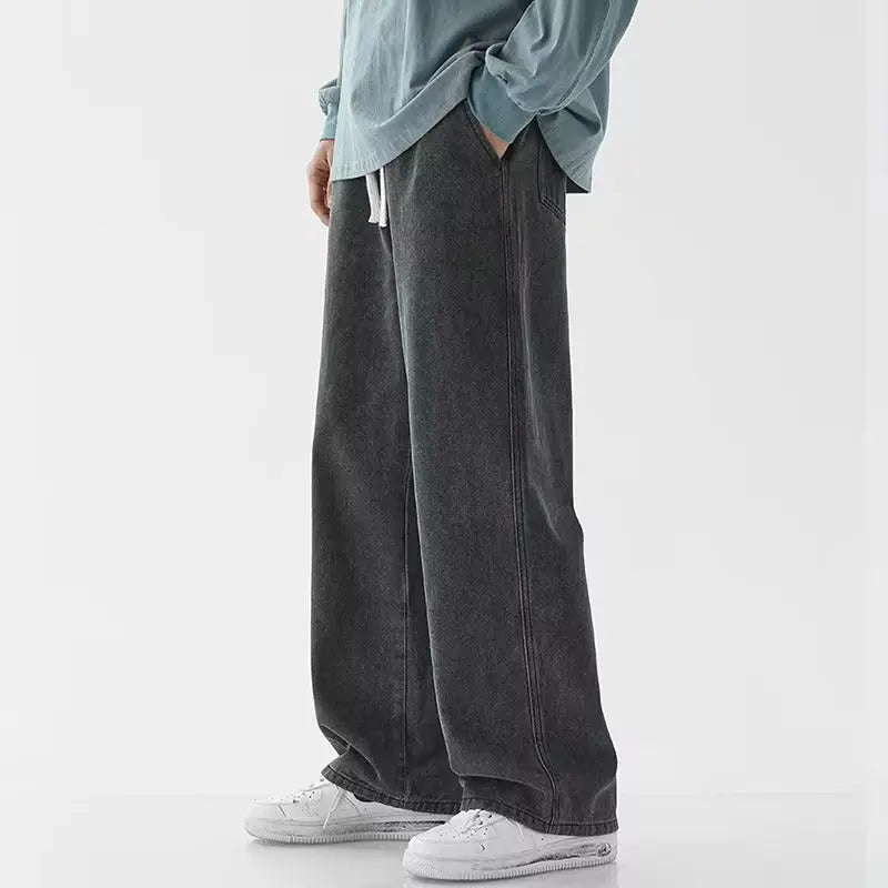 Jeans amples coréens pour hommes, taille élastique, couleur unie classique, jean à coupe droite, pantalon large pour hommes, bleu clair, gris, noir