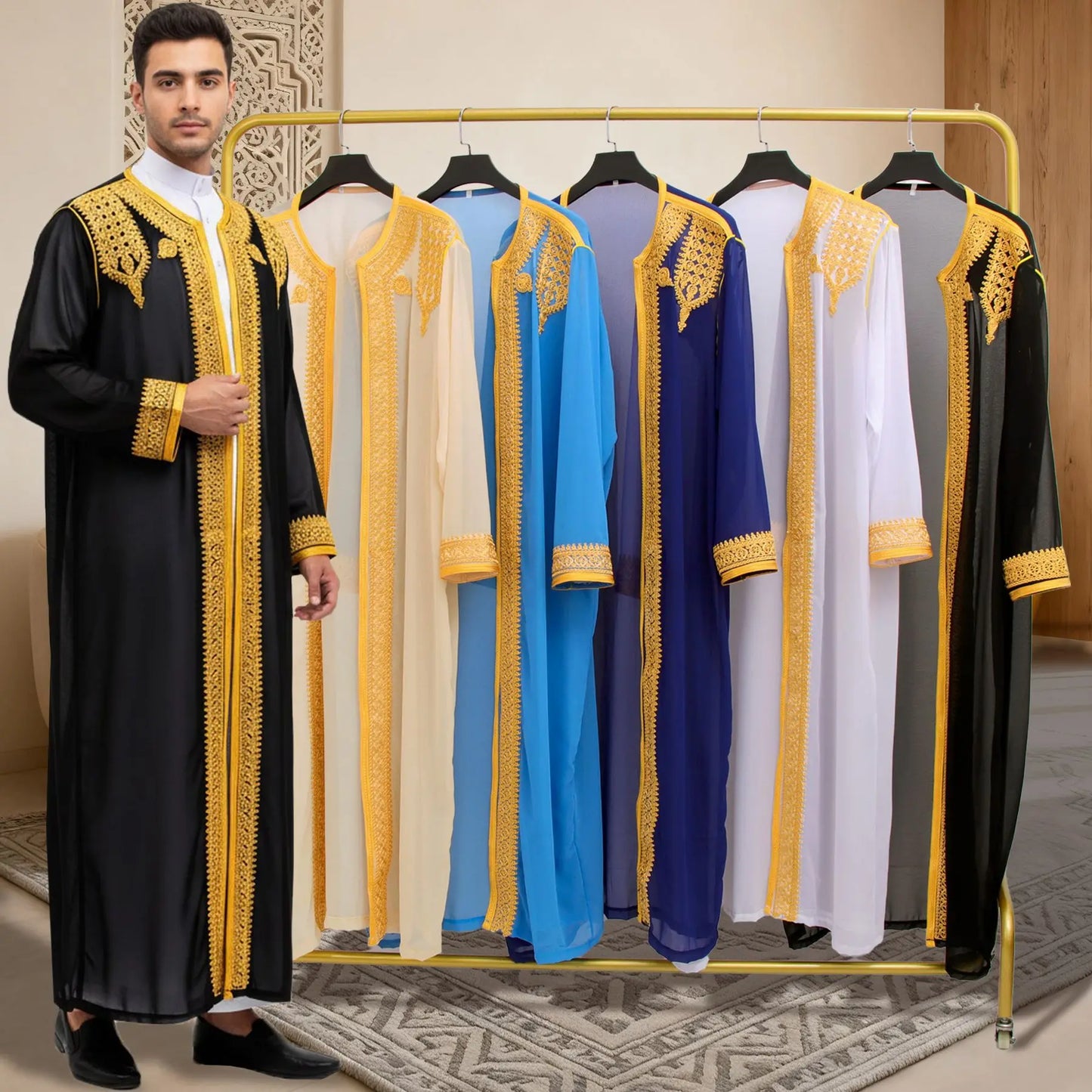 Traditional Arab Men's Robe Thobe Embroidered Dress Middle Eastern Ethnic Jubba Thobes Eid Djellaba Kimono Abaya Thoub Dishdasha