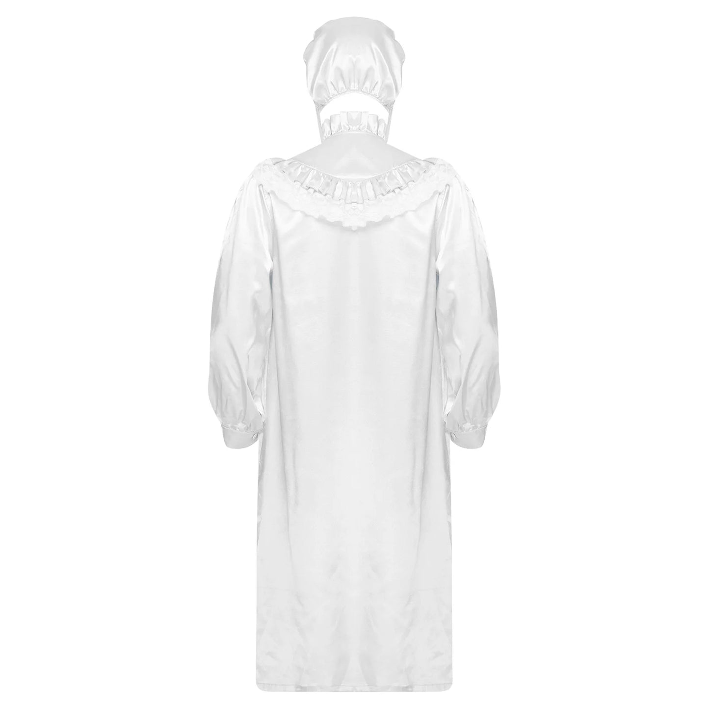Pyjama homme à volants et dentelle, nuisette victorienne Sissy avec chapeau, robe de nuit satinée à manches longues et fermeture éclair sur le devant