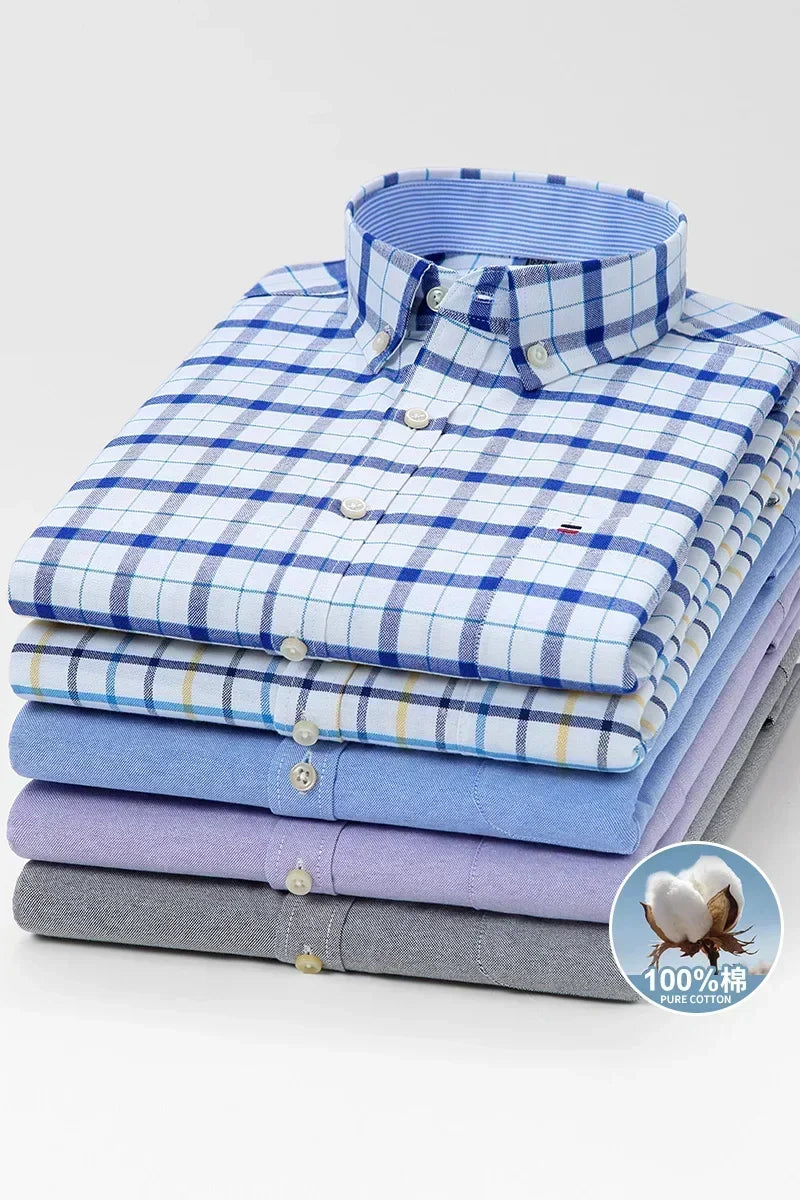 100-220 catties Plus Size Men's Shirt 100% Cotton Long Sleeve Business Casual All Oxford Spinning Plus Size Plaid Shirt