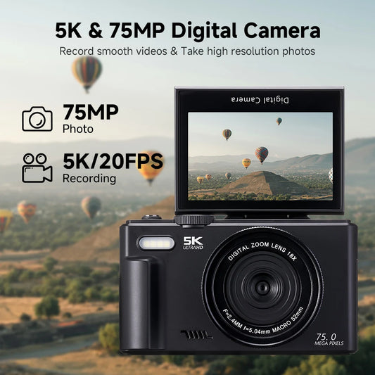 75 MP Digitalkamera für Fotografie 5K 18X Digitalzoom Vintage Vlog Video Recorder für YouTube 180° Klappdisplay Selfie WiFi
