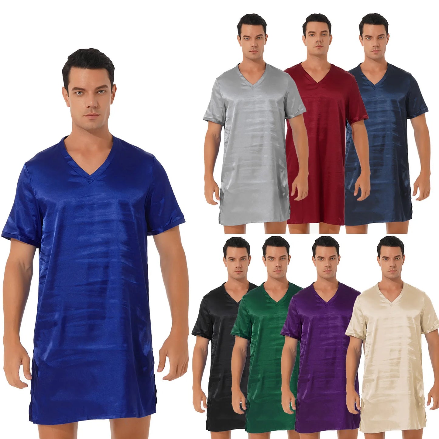 Damen Herren Seidensatin Pyjamas Schlafanzug Kurzarm Nachthemd Kimono Bademantel Schlafrock Morgenmantel Sommer Nachthemd Homewear