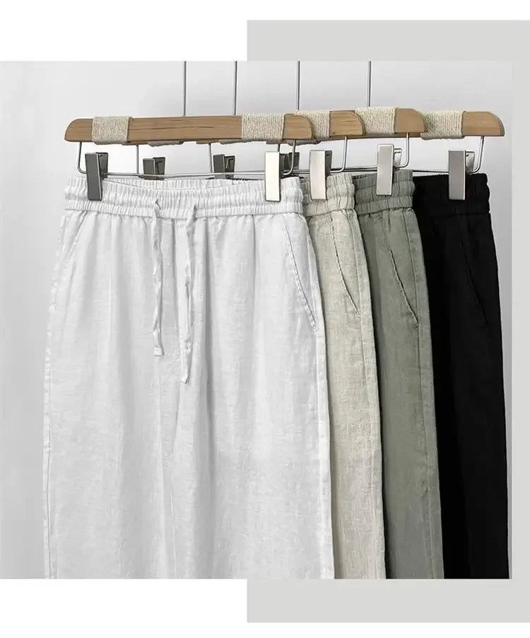 Hochwertige reine Leinenhose für Herren Sommer Baumwoll-Leinen Loose Straight Leg Freizeit lange Hose Frühling Herbst Bequem Atmungsaktiv