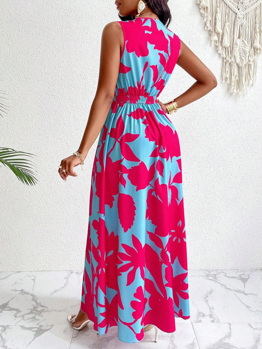 Vintage ärmelloses V-Ausschnitt-Kleid mit Farbkontrast, einzigartiger Print, elegant interpretierter Stil