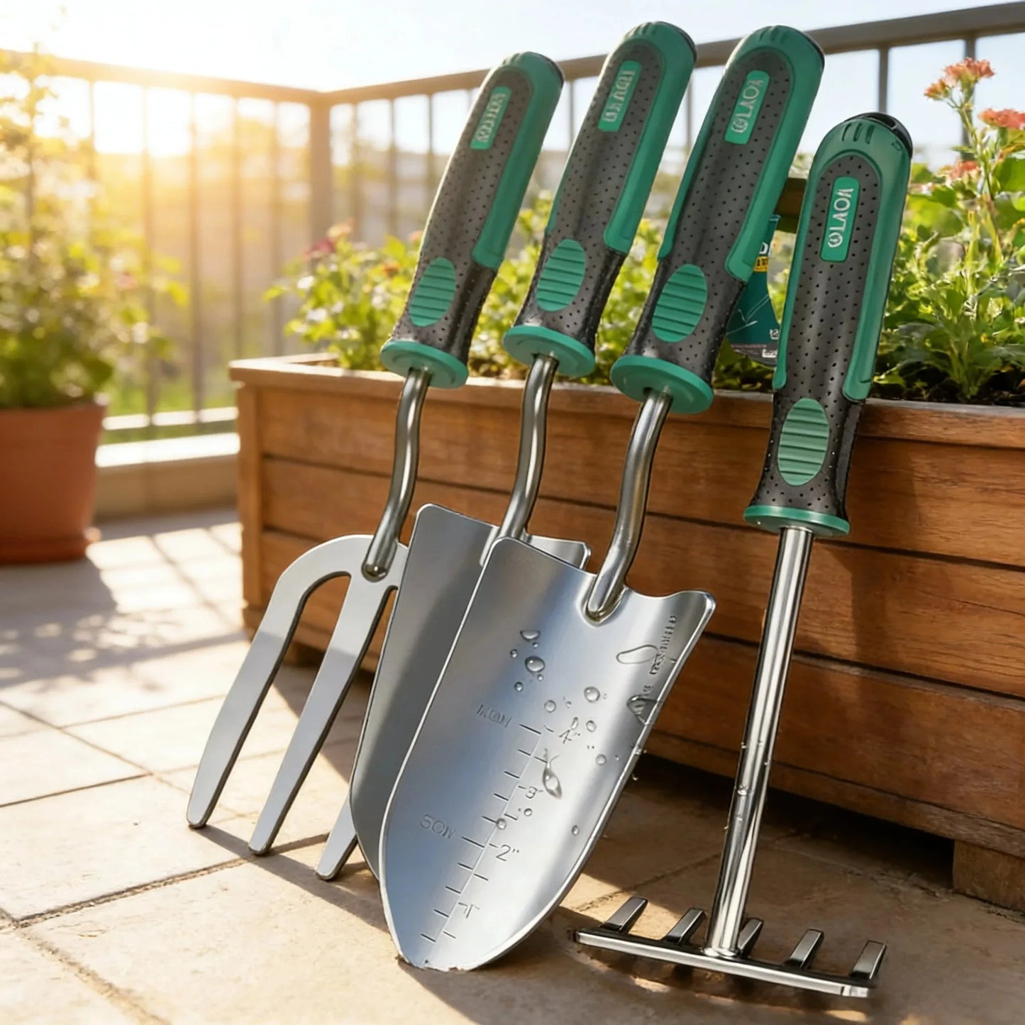 LAOA Multi-Function Garden Tools Collection, Planting Shovel, Soil Rake, Weeding Fork, All-in-One Garden Care Set