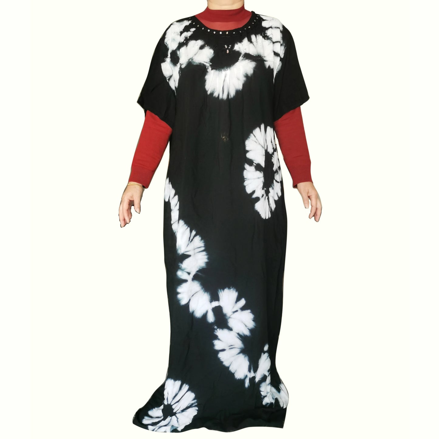 Nouvelle robe musulmane longue ample en pur coton tie-dye avec foulard, broderies scintillantes, respirante et confortable pour l'été 2025