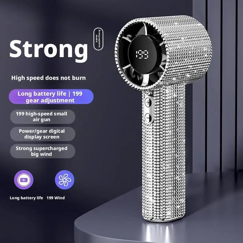 1 Stück Luxus Diamant Handheld Mini-Ventilator 199-Gang einstellbar Tragbarer Handheld Turbo-Ventilator Outdoor Digitalanzeige Elektrischer Ventilator