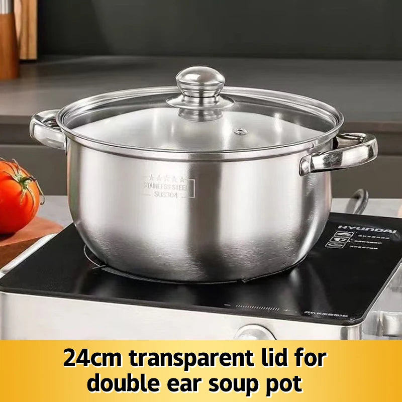 【R】Stainless Casserole Cookware Double Handle Soup Pot With Glass Cover For Induction Cooker Cooking