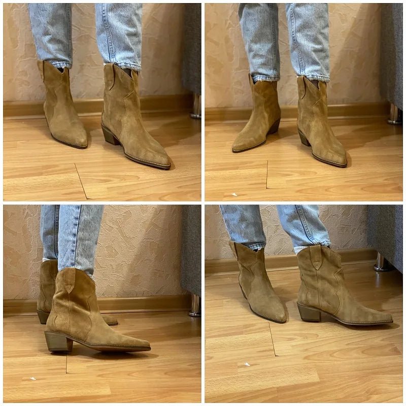 Bottes Chelsea pour femme en suède de vache à bout pointu et talon épais, bottines cousues, chaussures d'hiver, bottes western pour femme, printemps automne