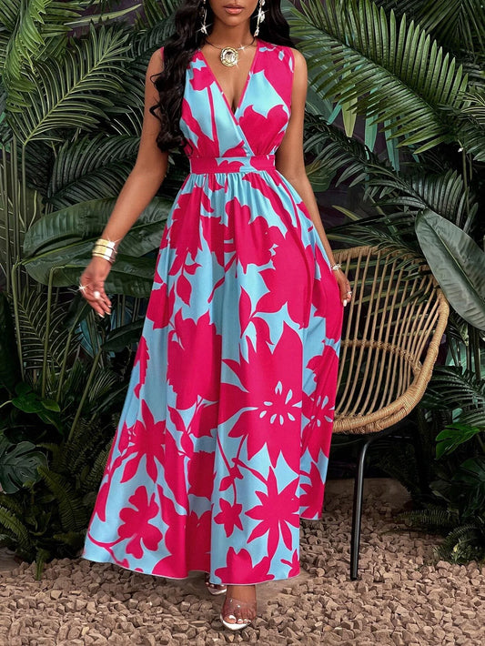 Vintage ärmelloses V-Ausschnitt-Kleid mit Farbkontrast, einzigartiger Print, elegant interpretierter Stil