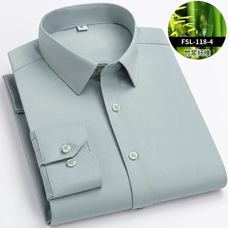 Chemise de Travail Blanche Homme en Fibre de Bambou Bleue 8XL Manches Longues Bureau Affaires Anti-rides Infroissable Décontractée
