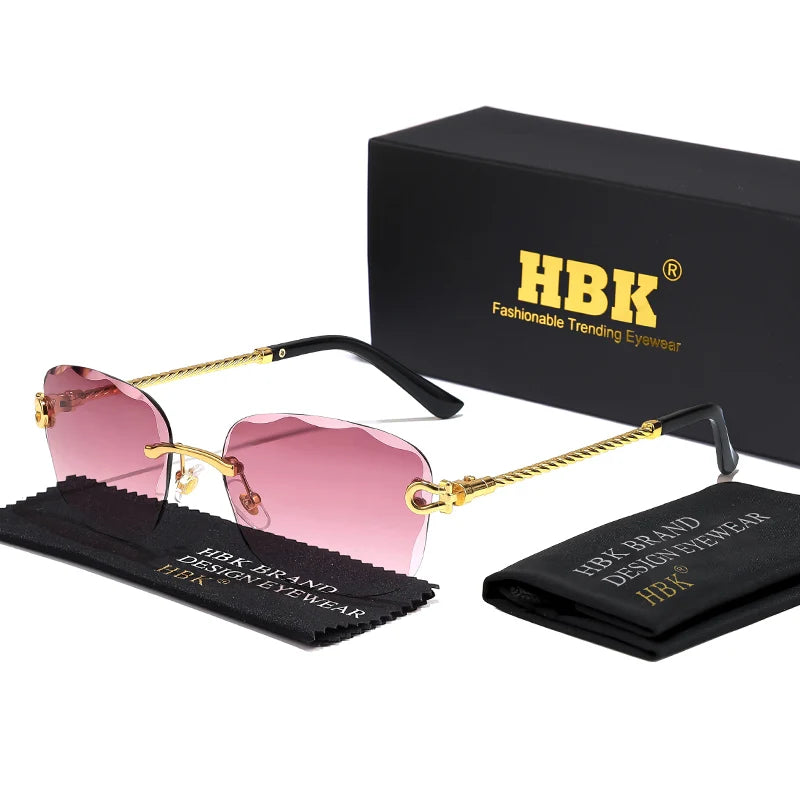 HBK Rahmenlose Metall Sonnenbrille Herren Wellenform geschnitten Sonnenbrille für Damen Reise Shopping Brille UV400 Sommer Stil