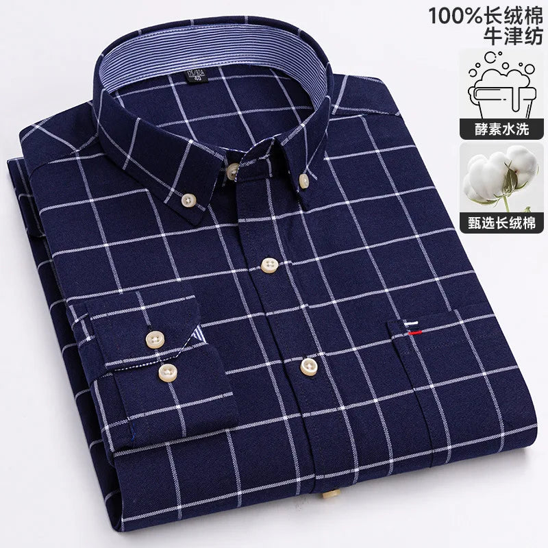 100-220 catties Plus Size Men's Shirt 100% Cotton Long Sleeve Business Casual All Oxford Spinning Plus Size Plaid Shirt