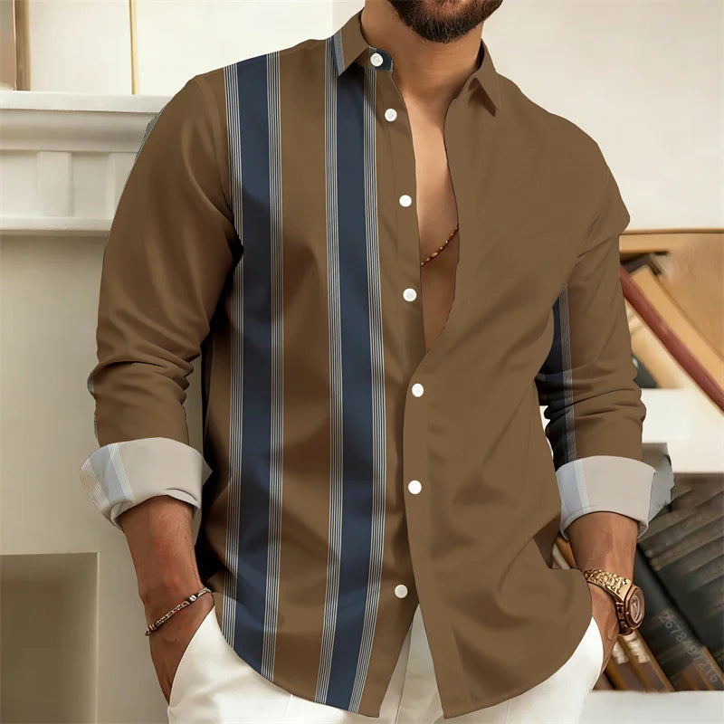 Chemise Homme à Rayures Color Block Manches Longues, Chemise Décontractée Business Style Rétro, Haut Tendance Homme Coupe Slim, Tailles S-6XL