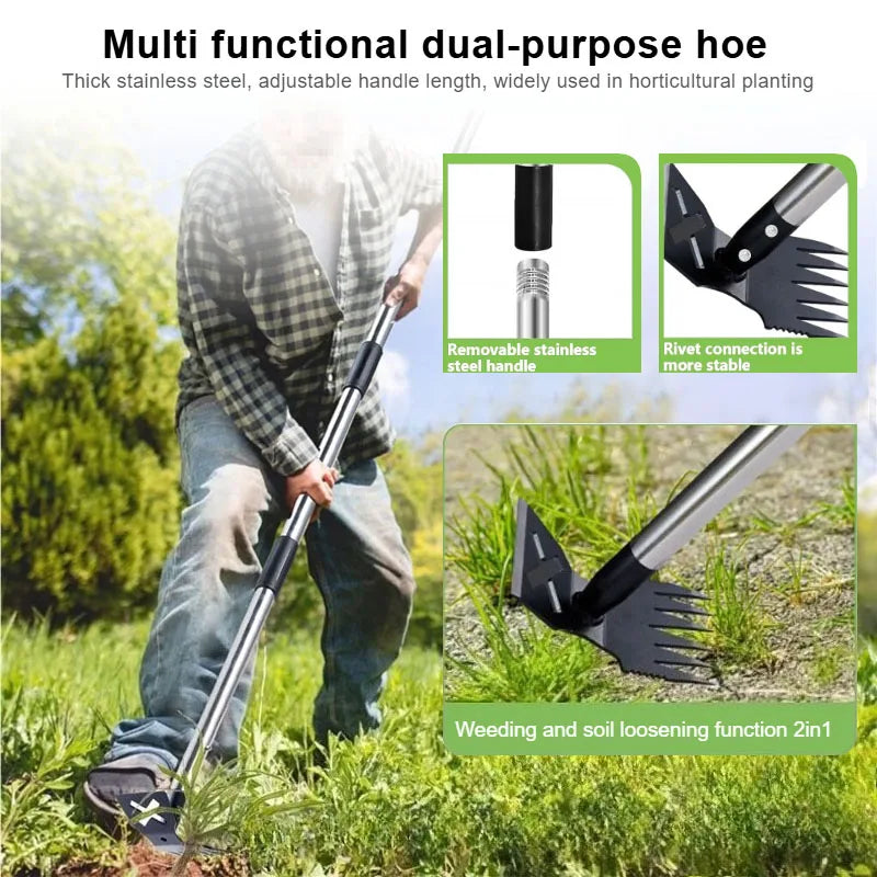 Bêche double usage tout acier avec manche réglable, râteau de jardin portatif domestique, pelle de désherbage, petite houe multifonctionnelle