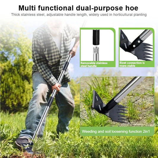 All steel dual-purpose hoe with adjustable handle, household portable garden rake, weeding shovel, multifunctional small hoe