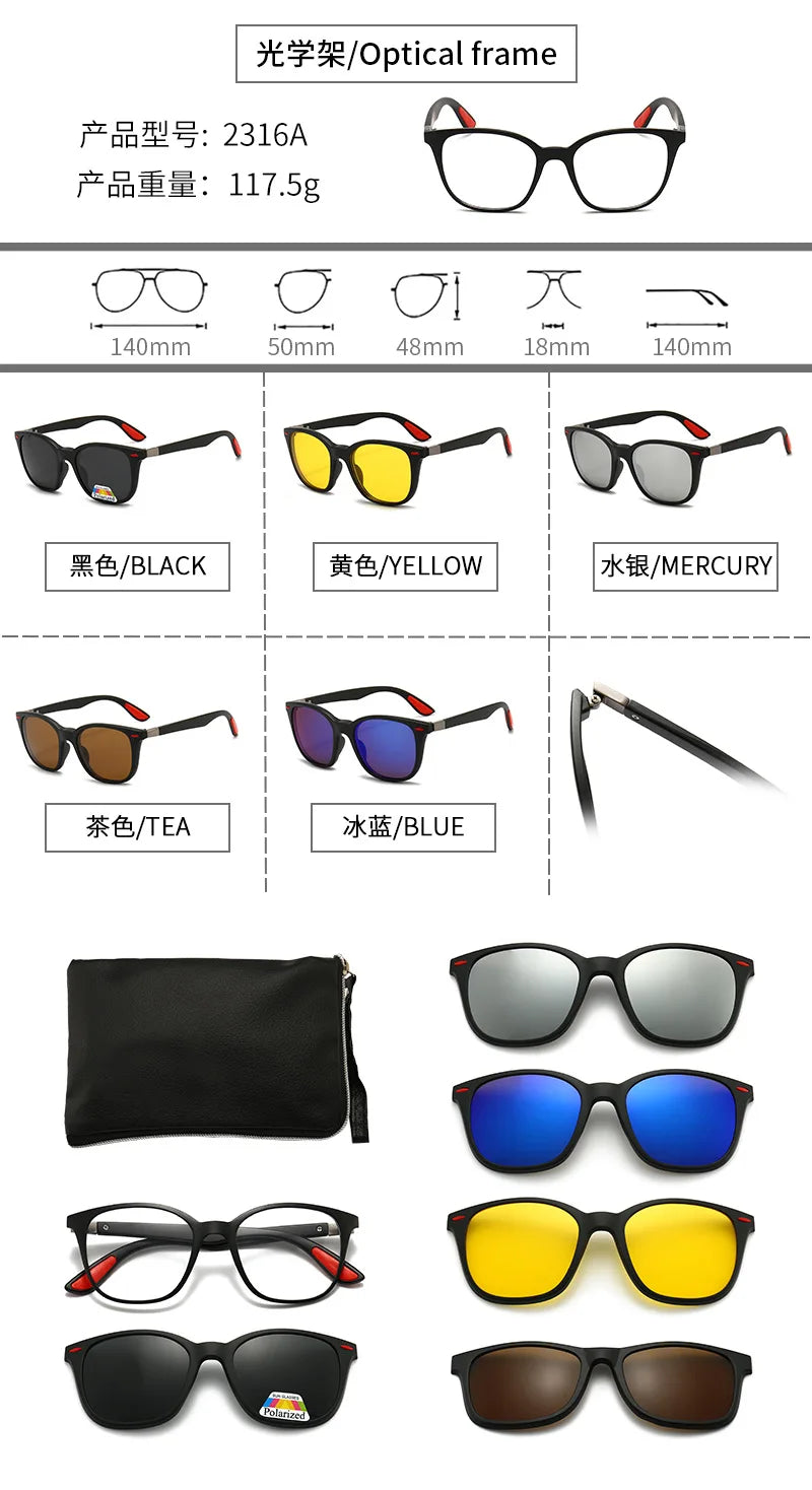 6 In 1 Polarized Sunglasses Men Women Magnetic Clip On Glasses TR90 Optical Prescription Eyeglass Frames Magnet Clips