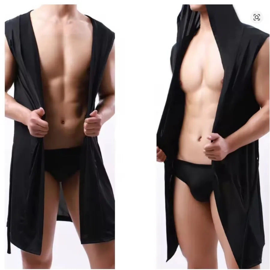 Sexy Nachtwäsche Herren Bademäntel Weich Seidig Ärmelloses Nachthemd Herren Homewear Morgenmantel Herren Pyjamas (Keine Shorts)
