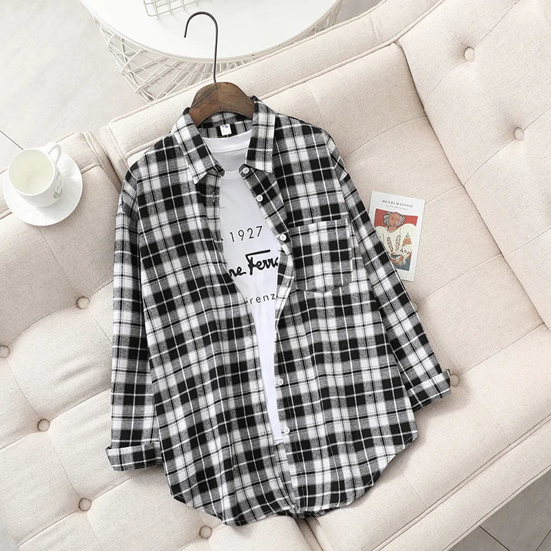2024 Automne Nouvelle Chemise à Carreaux Ample pour Femme Marque Excellente Qualité Blouses et Hauts Design Décontracté Frais Chemises à Manches Longues pour Femme